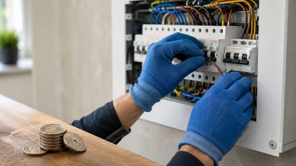 Elektriker, der arbejder med el-tavle og elektriske installationer.