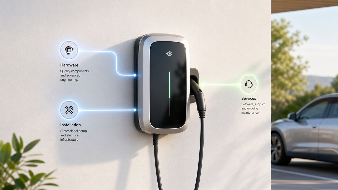 En elektrisk ladestander monteret på en væg ved siden af en bil, der symboliserer nem elbilopladning.