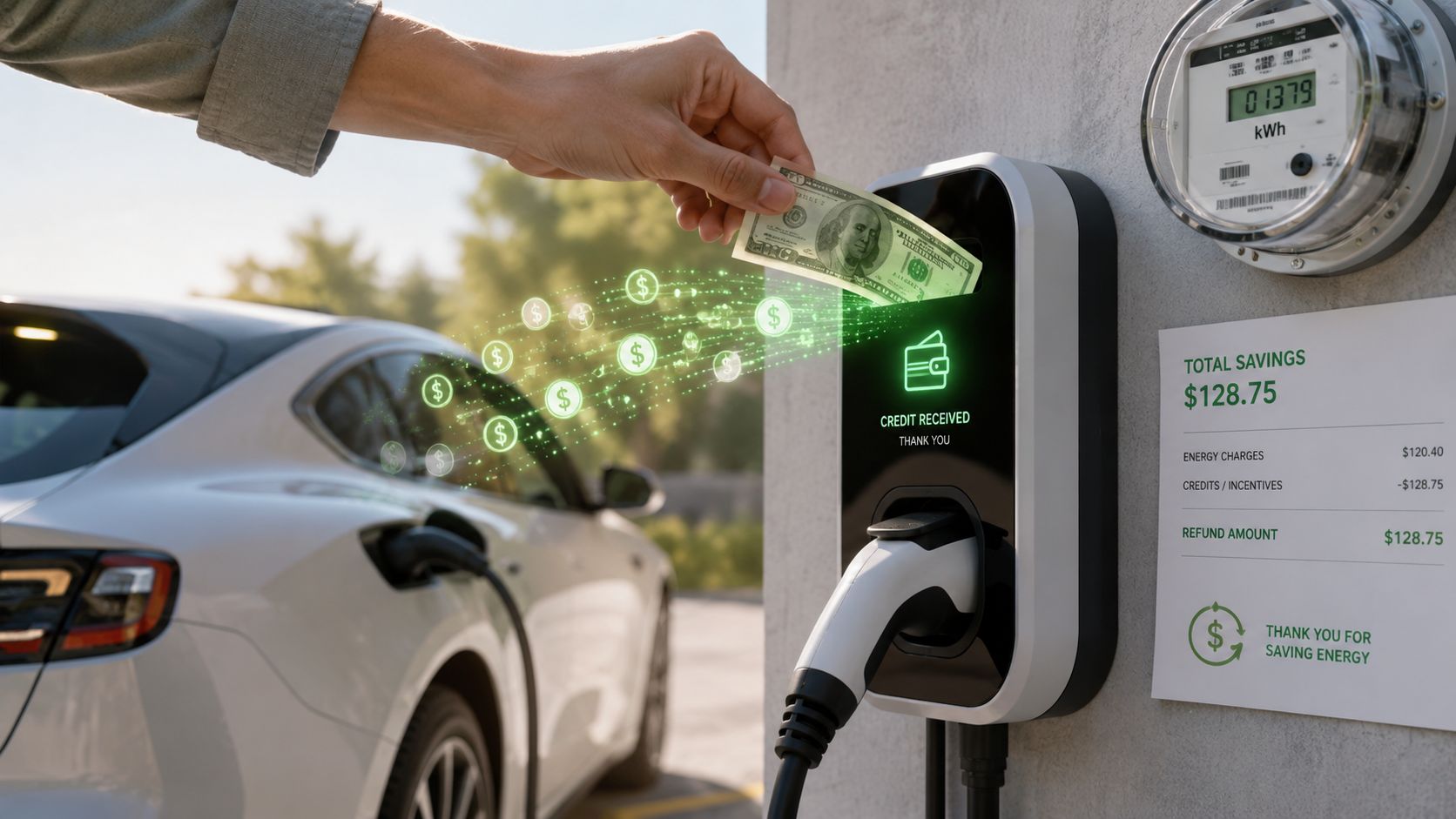 En hånd indsætter en pengeseddel i en ladestander til elbiler, der viser energibesparelser og økonomiske incitamenter.