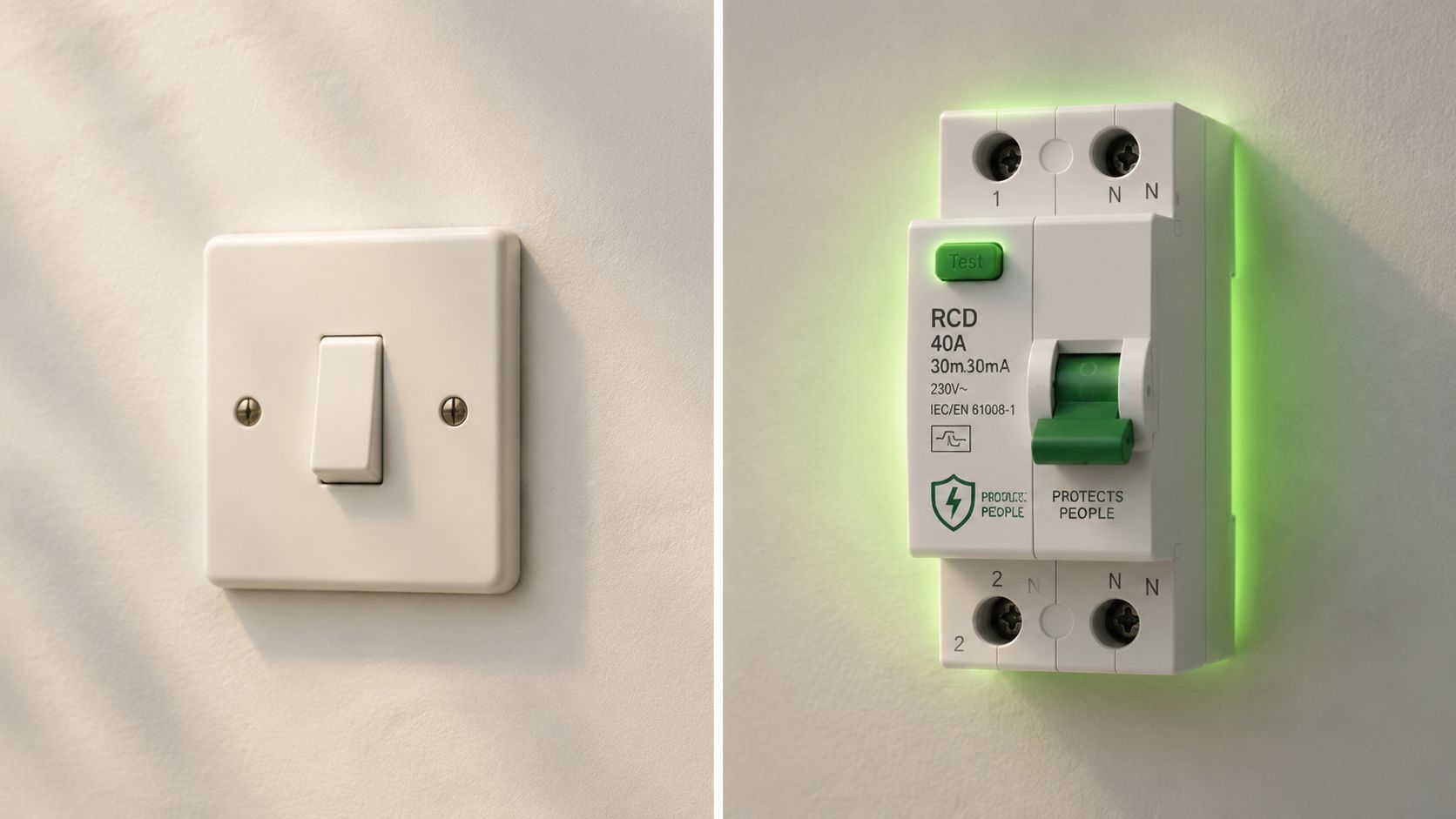 En sammenligning mellem en standard lyskontakt og en moderne elektrisk RCD-sikkerhedsafbryder monteret på en væg.