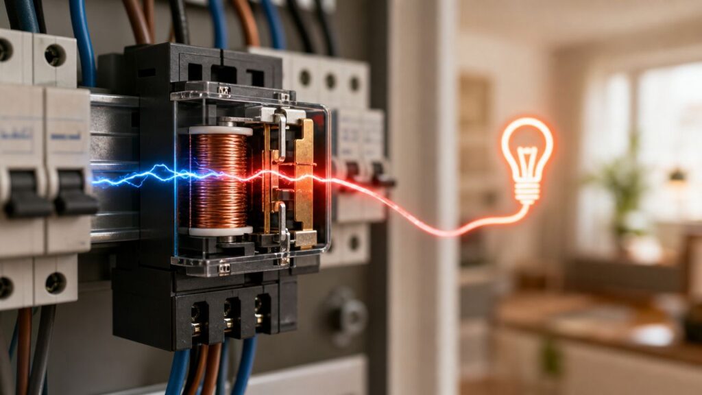 Elektrisk relæ med elektrisk strøm og lysdiode, illustrerer elektrisk teknik.