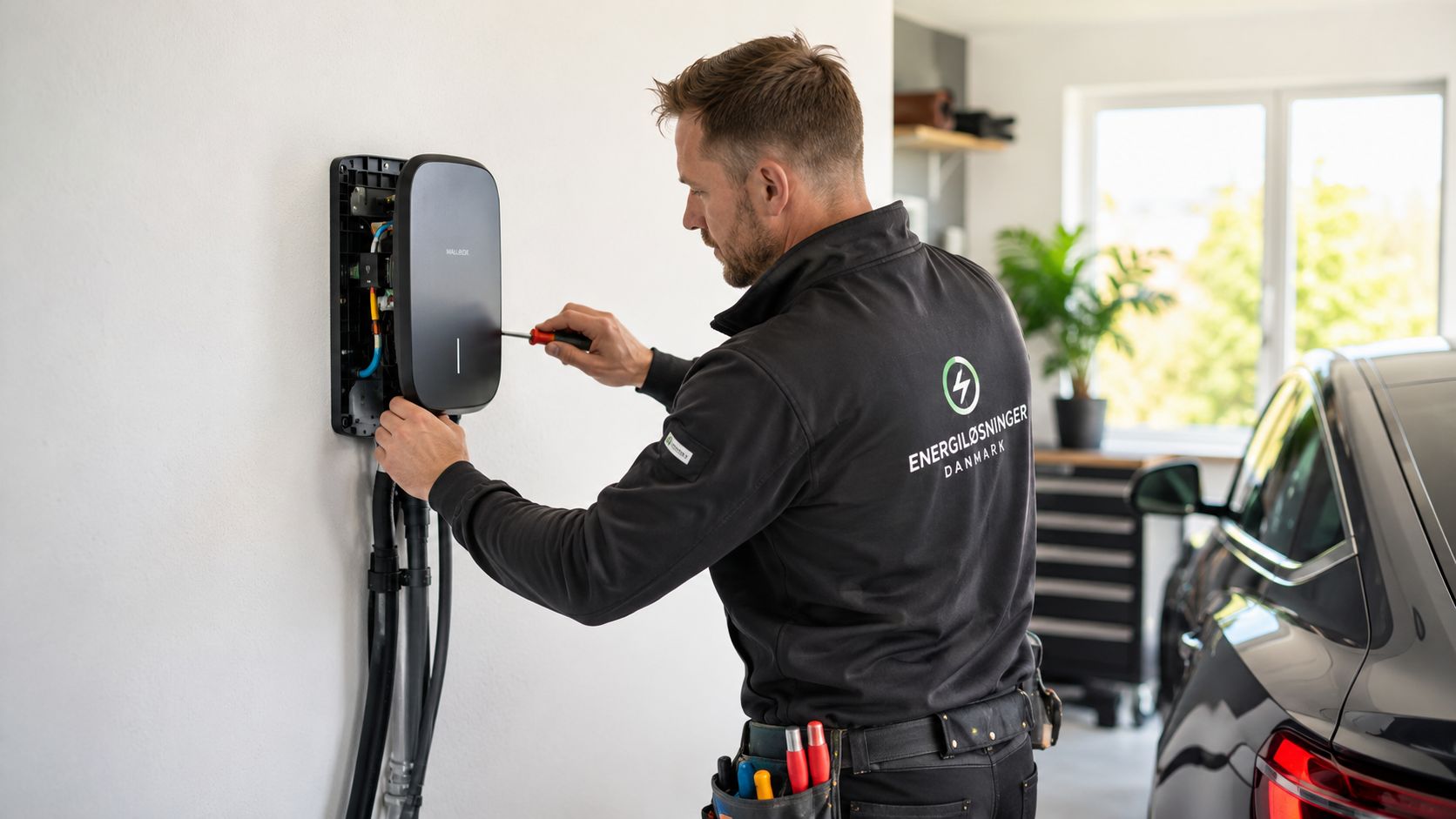 En tekniker installerer en Wallbox ladeboks til elbiler på en hvid væg i en garage.