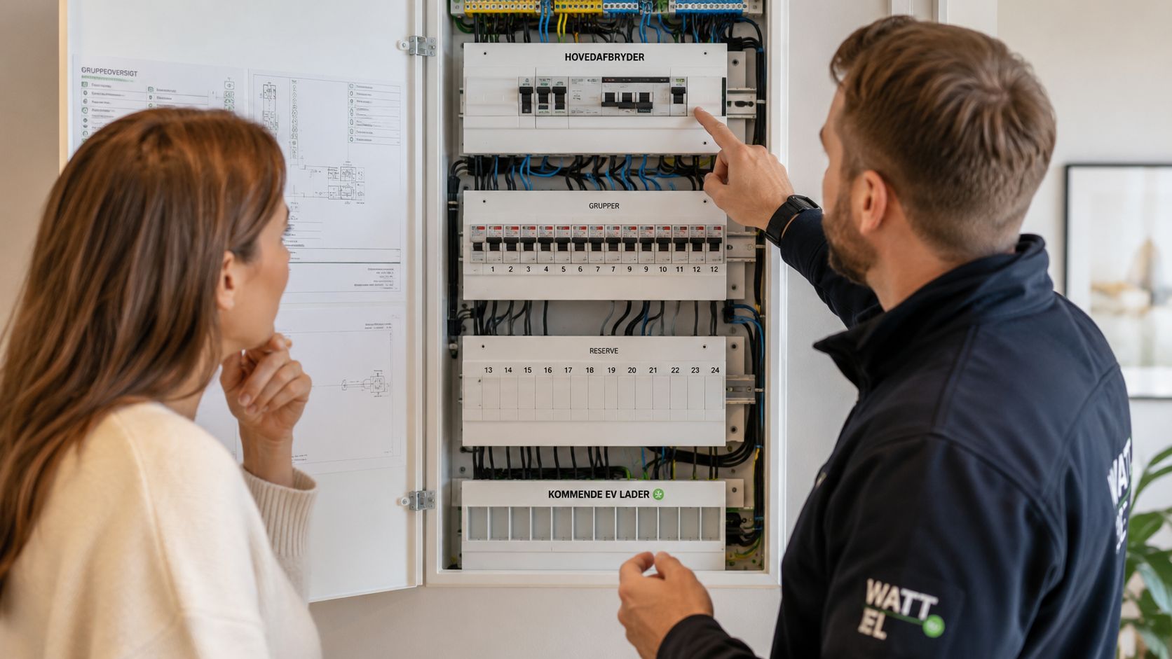 En elektriker forklarer sikringsskabet til en kvinde, mens han peger på hovedafbryderen i et moderne hjem.