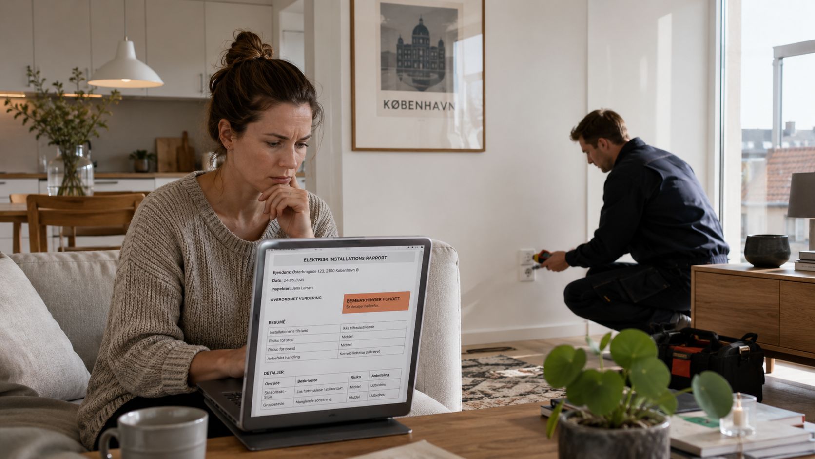 Kvinde ser på en elektrisk installationsrapport på sin computer, mens en elektriker arbejder i baggrunden.