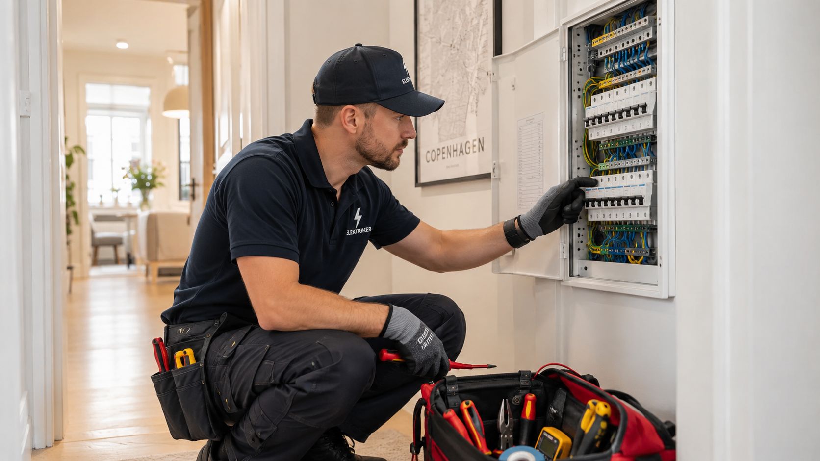En elektriker fra Elektriker København inspicerer en elektrisk tavle i et moderne hjem med værktøjstaske ved siden.