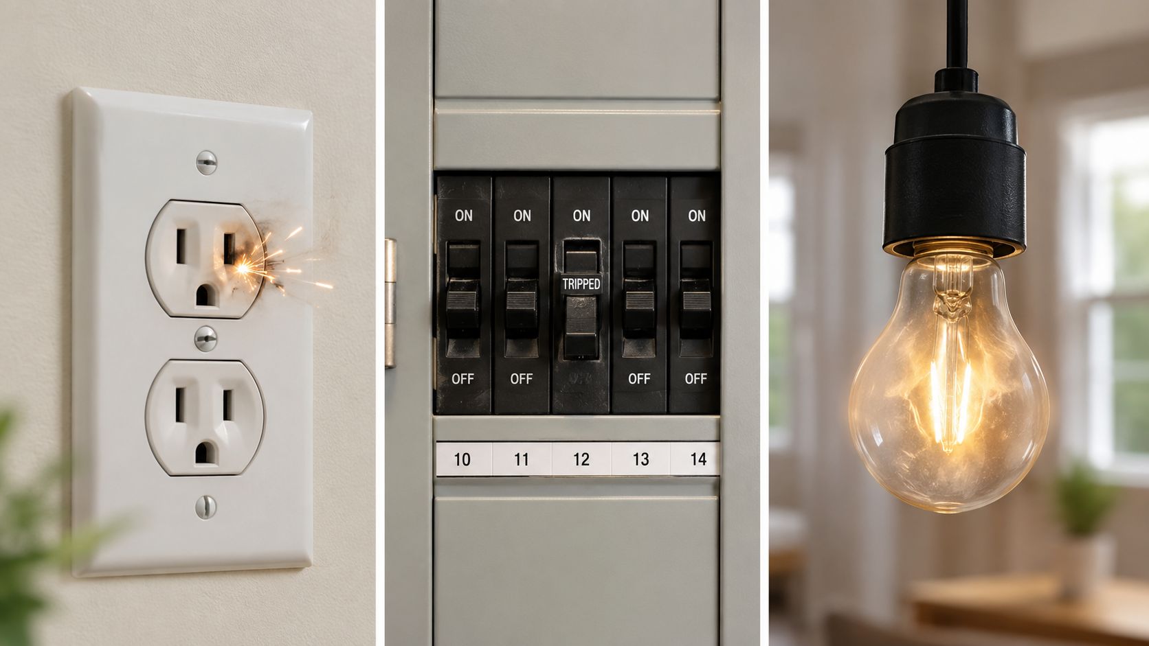 En elektrisk stikkontakt der gnistrer, et sikringsskab med en udløst afbryder og en tændt glødepære.