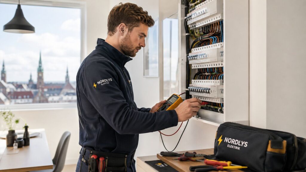 Elektriker arbejder med elinstallationer i et moderne kontor.