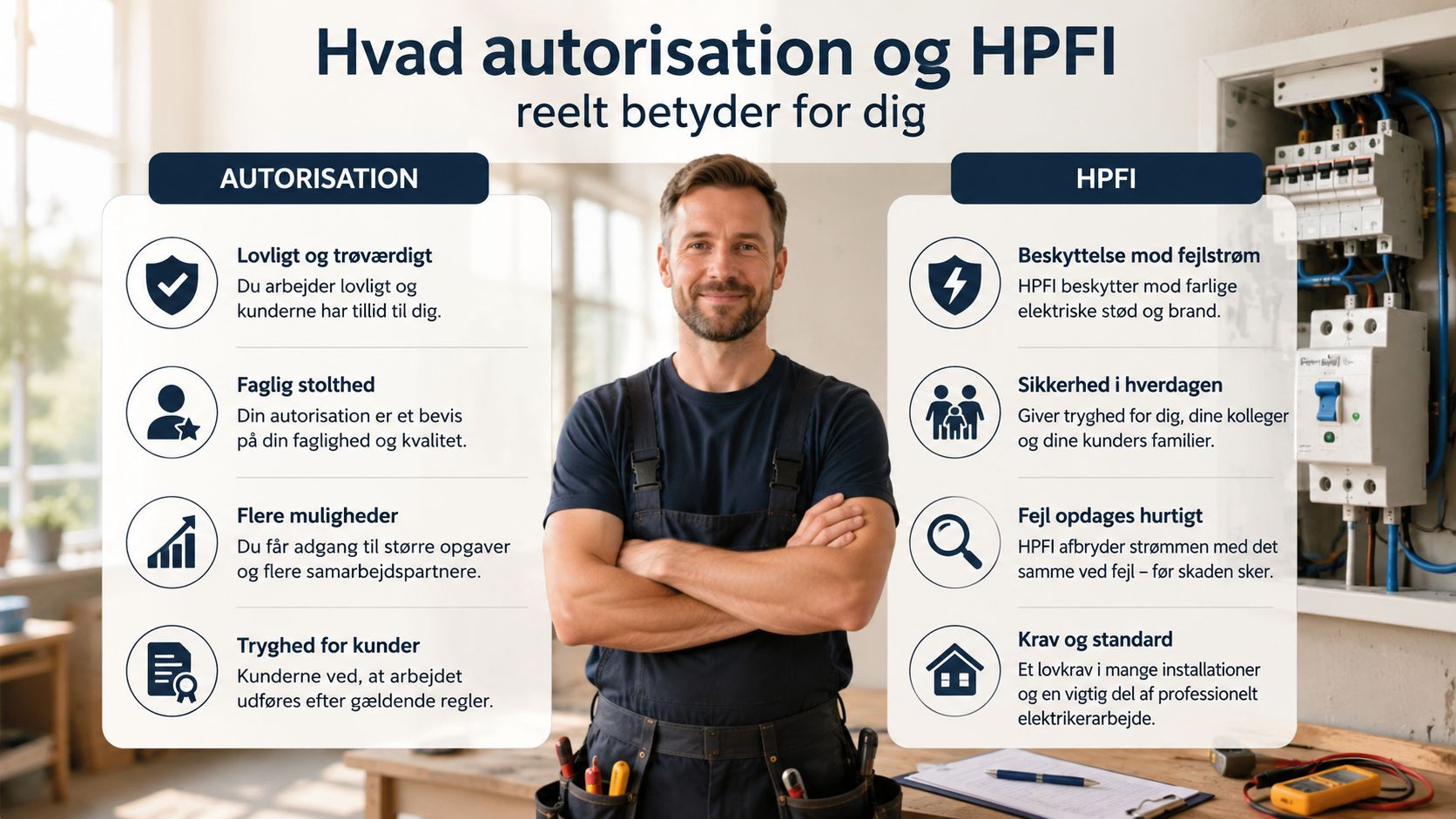 Professionel elektriker forklarer betydningen af autorisation og HPFI-afbryder for sikkerhed og lovligt installationsarbejde i Danmark.