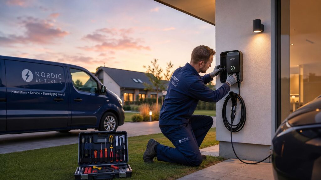 Elinstallatør installerer ladestander til elbil udendørs.