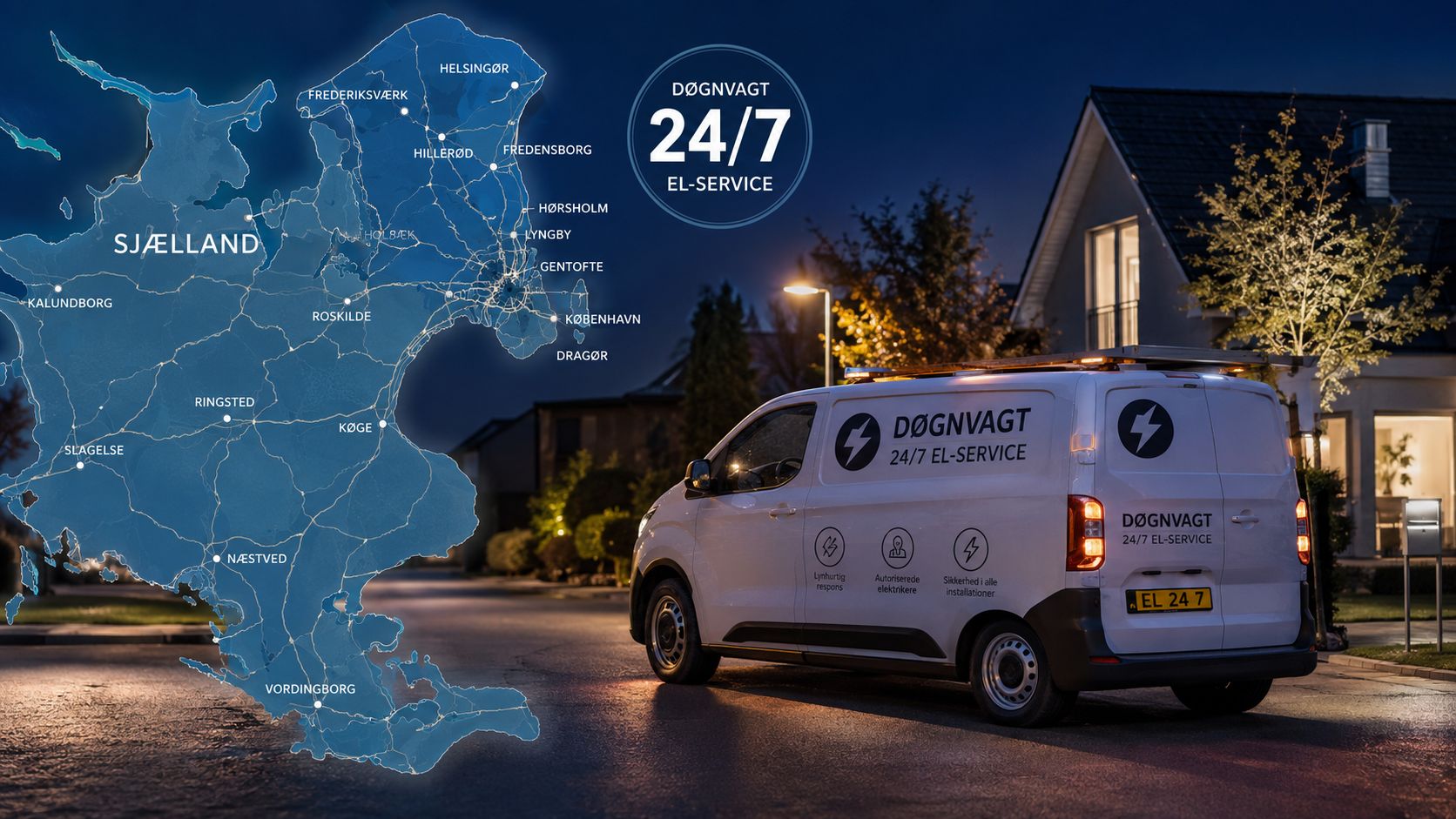Døgnvagt servicebil parkeret foran hus med kort over Sjælland der viser områder for el-service i Danmark.