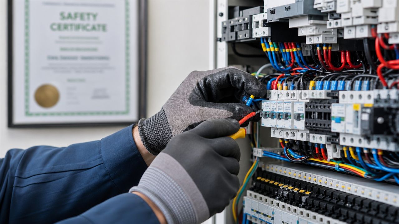 En elektriker i færd med at udføre præcisionsarbejde i et elektrisk sikringsskab med beskyttelseshandsker og værktøj.