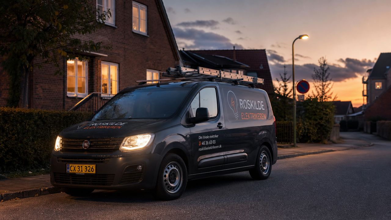 En mørkegrå varevogn fra Roskilde Elektrikeren parkeret på en rolig villavej under en smuk solnedgang.