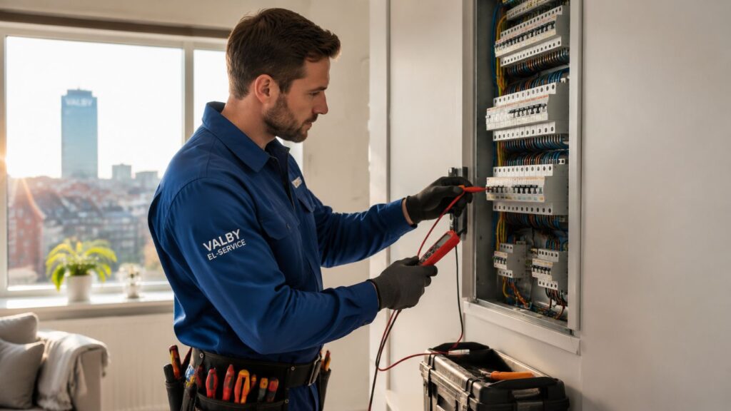 Elektriker tester elskab med multimeter hos Torngaard ElTekn.