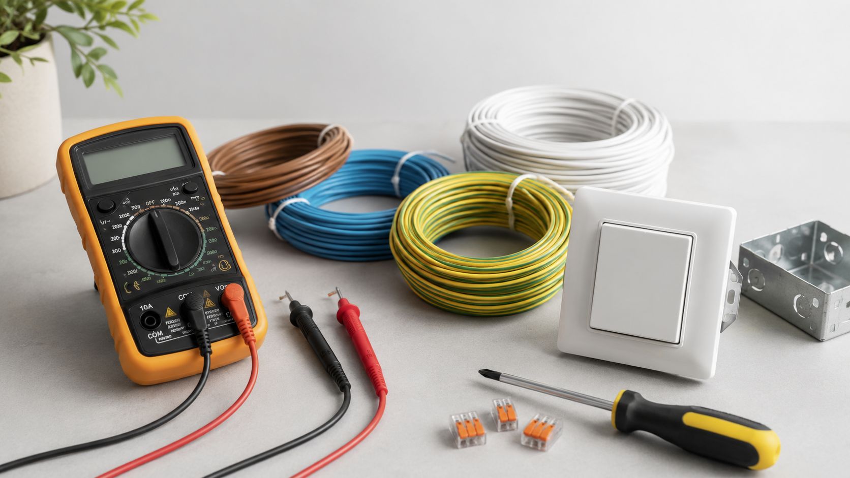 Elektriker-værktøj, multimeter, forskellige farvede ledningsruller, en lysafbryder og en skruetrækker på en grå overflade.