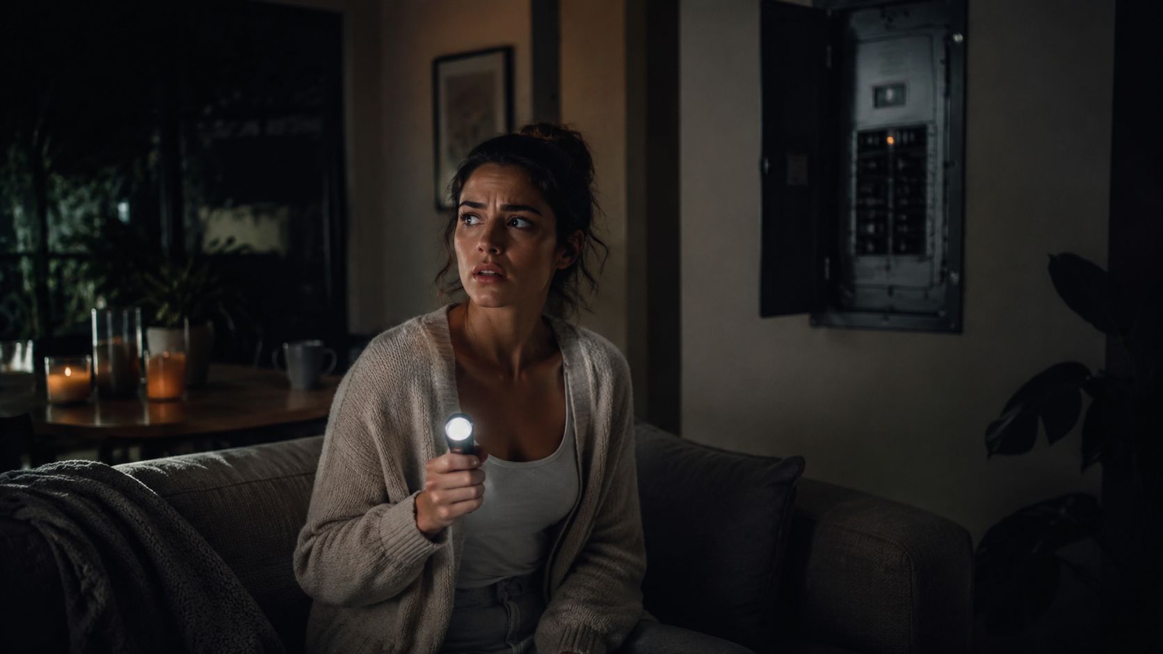 En bekymret kvinde holder en lommelygte i en mørk stue ved siden af et åbent elpanel.