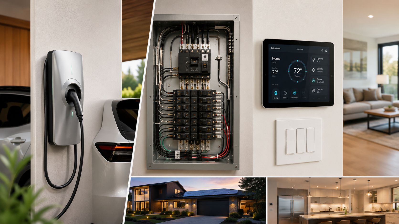Moderne el-installationer i et smart hjem med elbiloplader, eltavle, kontrolpanel og energieffektive lysløsninger i boligen.