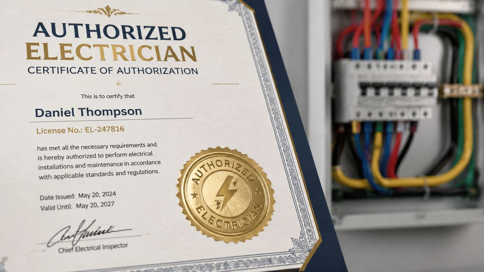 Et autoriseret elektriker certifikat udstedt til Daniel Thompson ved siden af et elektrisk sikringsskab.
