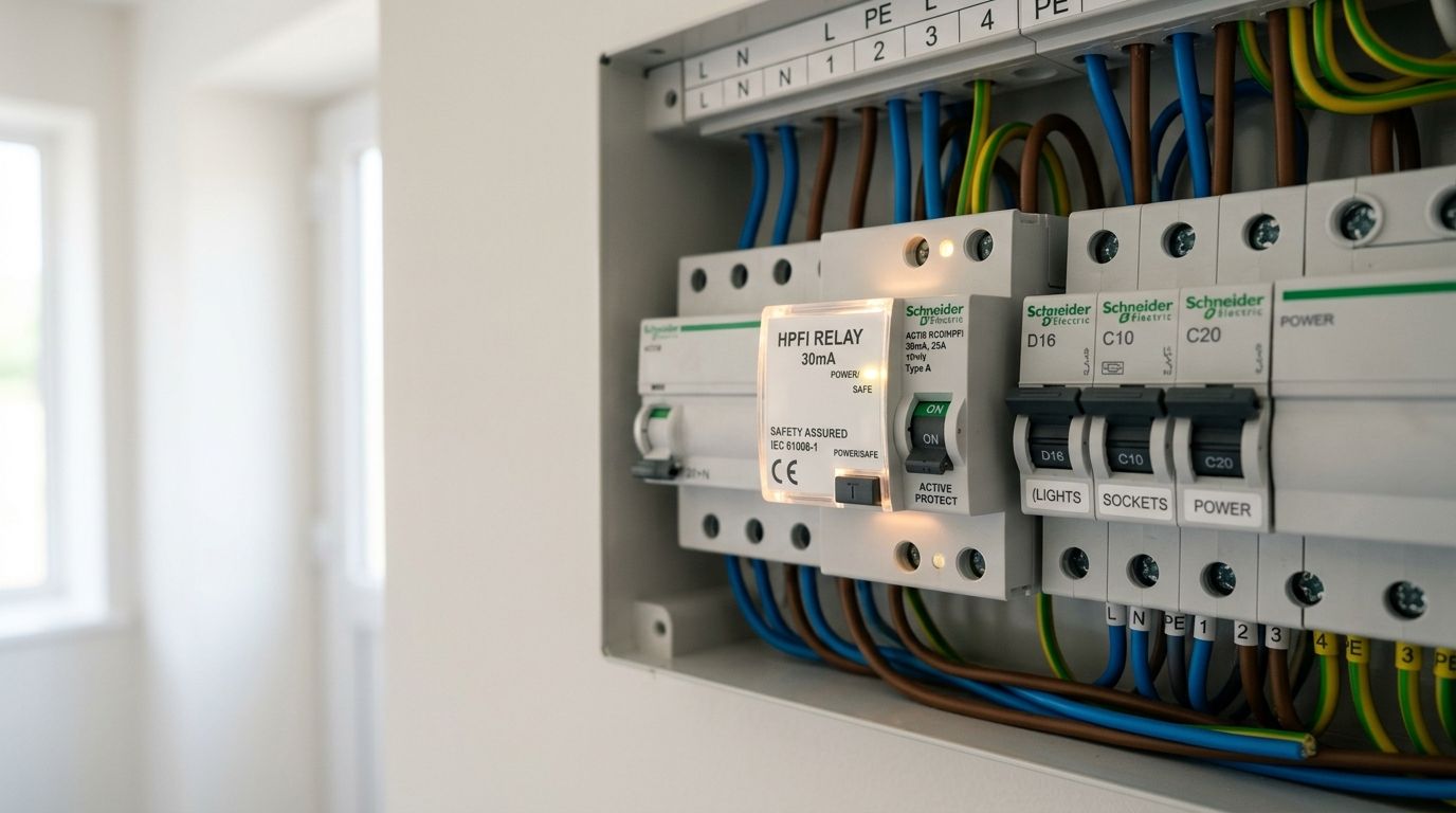 Et elektrisk HPFI-relæ monteret i en sikringsgruppe med forskellige elektriske komponenter og ledningsføring i et hjem.