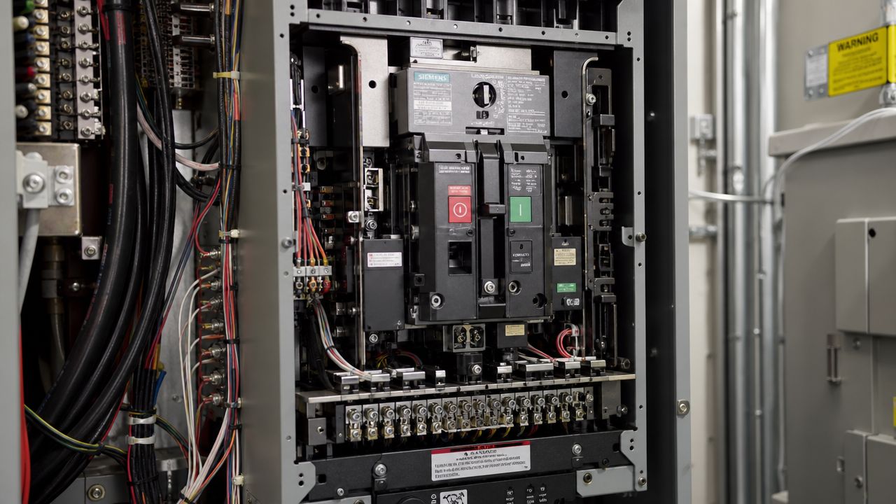 Et tæt billede af en industriel Siemens-strømafbryder monteret i et elektrisk tavleskab med kabelføring.
