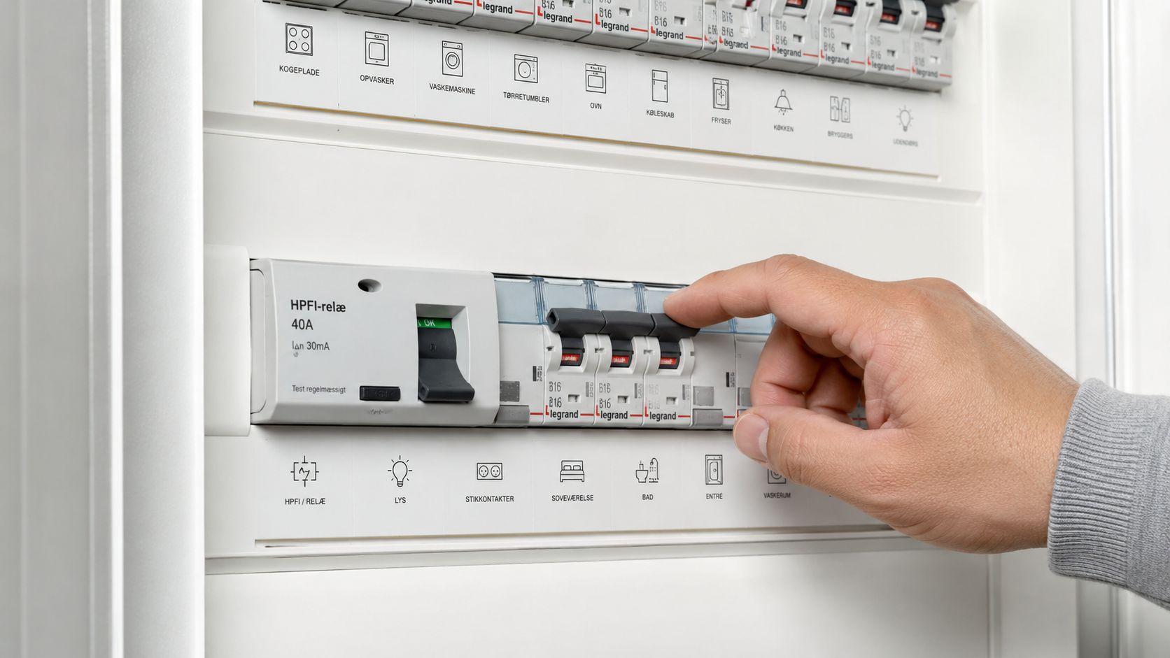 En hånd der rækker ud for at tænde for en sikring i et moderne elektrisk gruppetavle-panel.