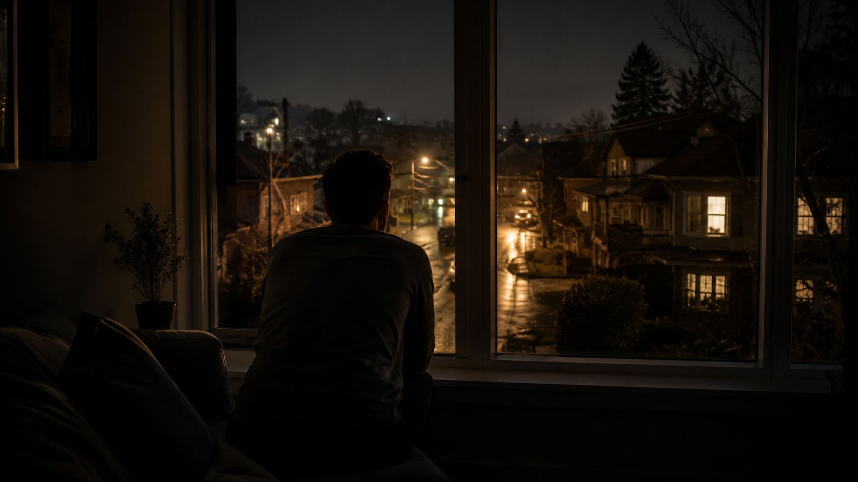 En person sidder i et mørkt værelse og kigger ud af vinduet på en mørklagt gade om natten.