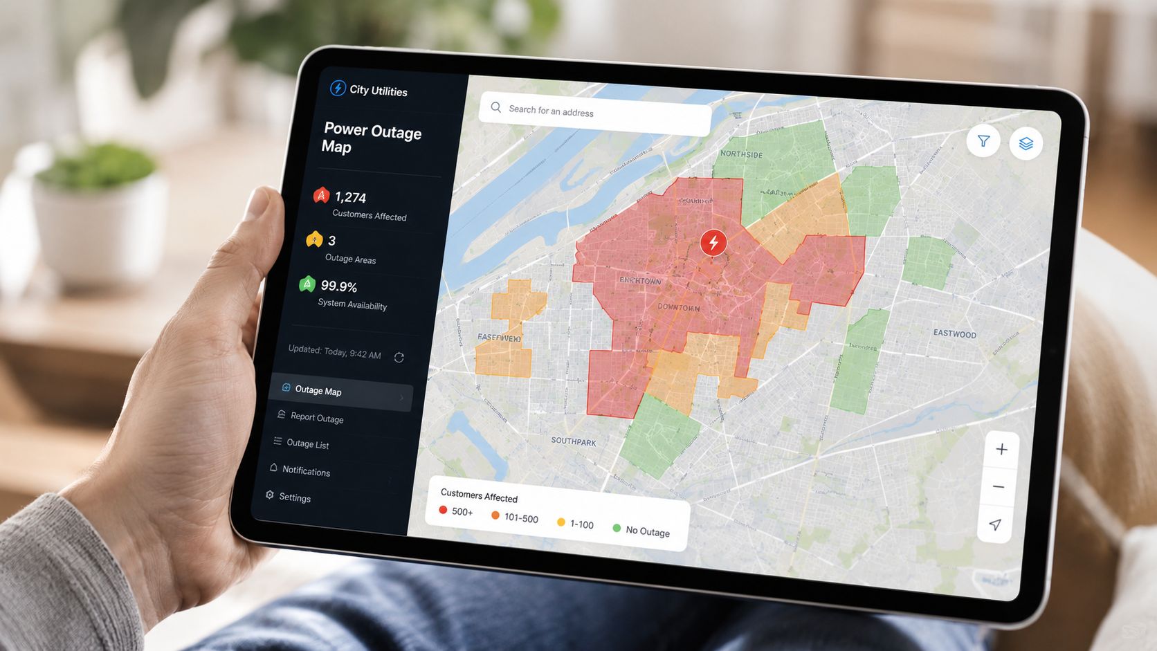 En person holder en tablet, der viser et digitalt kort over strømafbrydelser i et byområde.