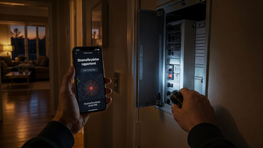 Elektriker kontrollerer el-tavle med smartphone i hjemmet.