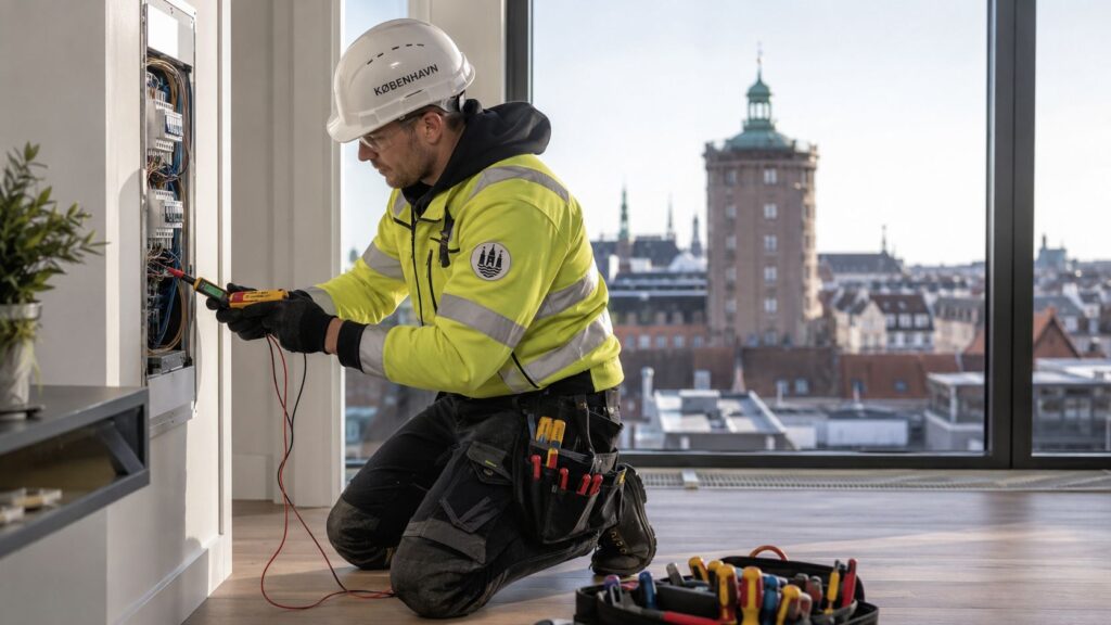 Elektriker i højsikkerhedsudstyr arbejder med elinstallation.