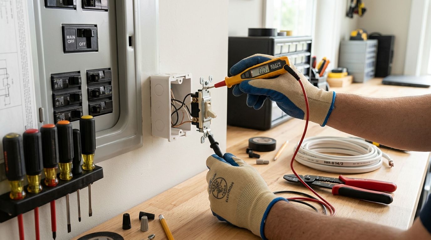 En elektriker måler spændingen på en elektrisk afbryder med et multimeter i et værksted.