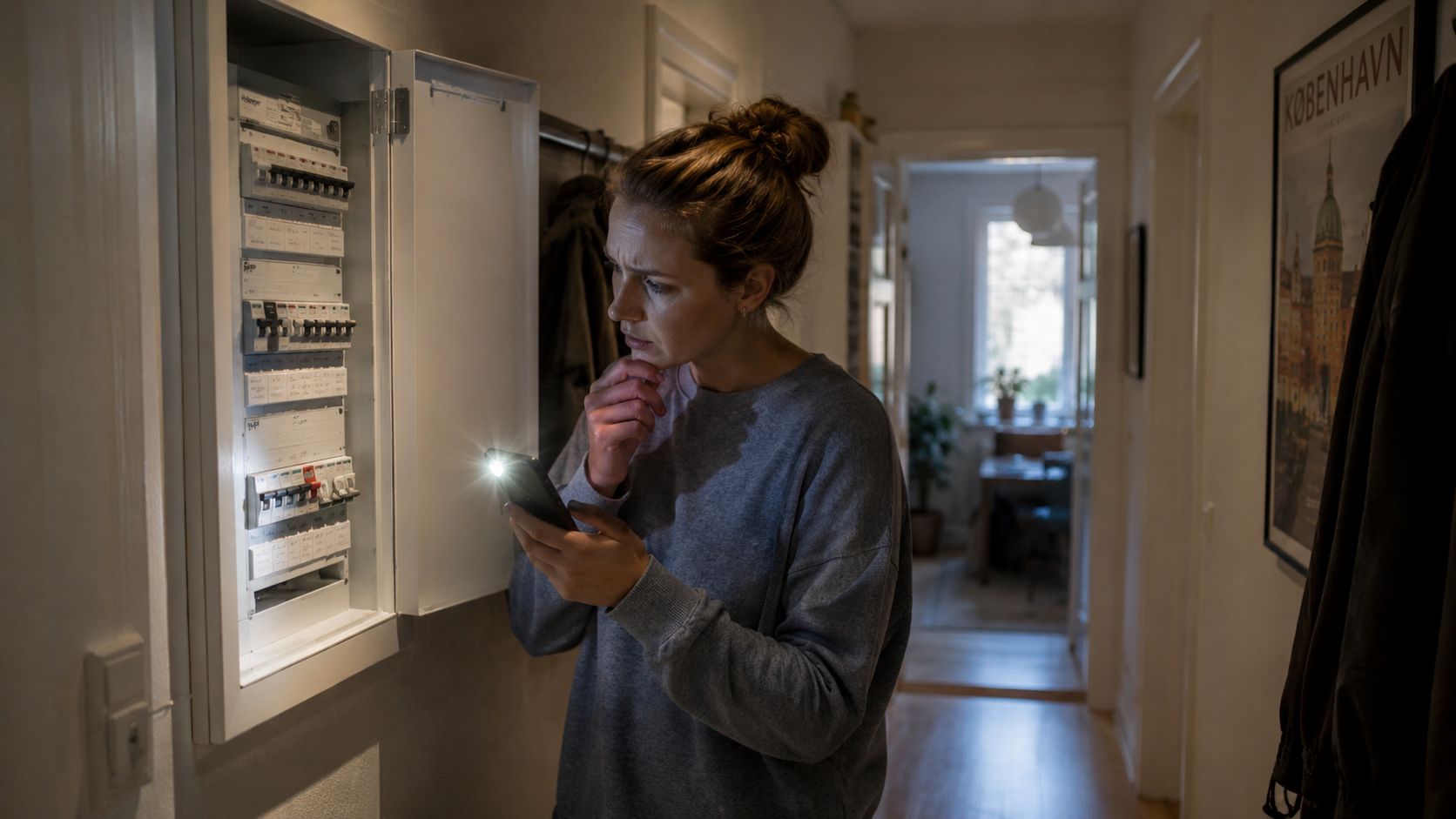 En bekymret kvinde bruger lommelygten på sin mobiltelefon til at inspicere et el-skab med HPFI-relæer i gangen.
