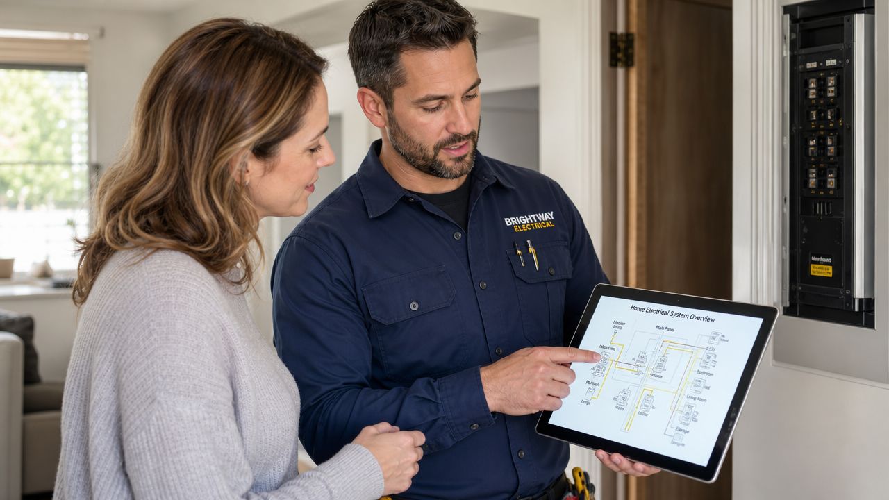 En elektriker forklarer en husejer om det elektriske system via en tablet i et privat hjem.
