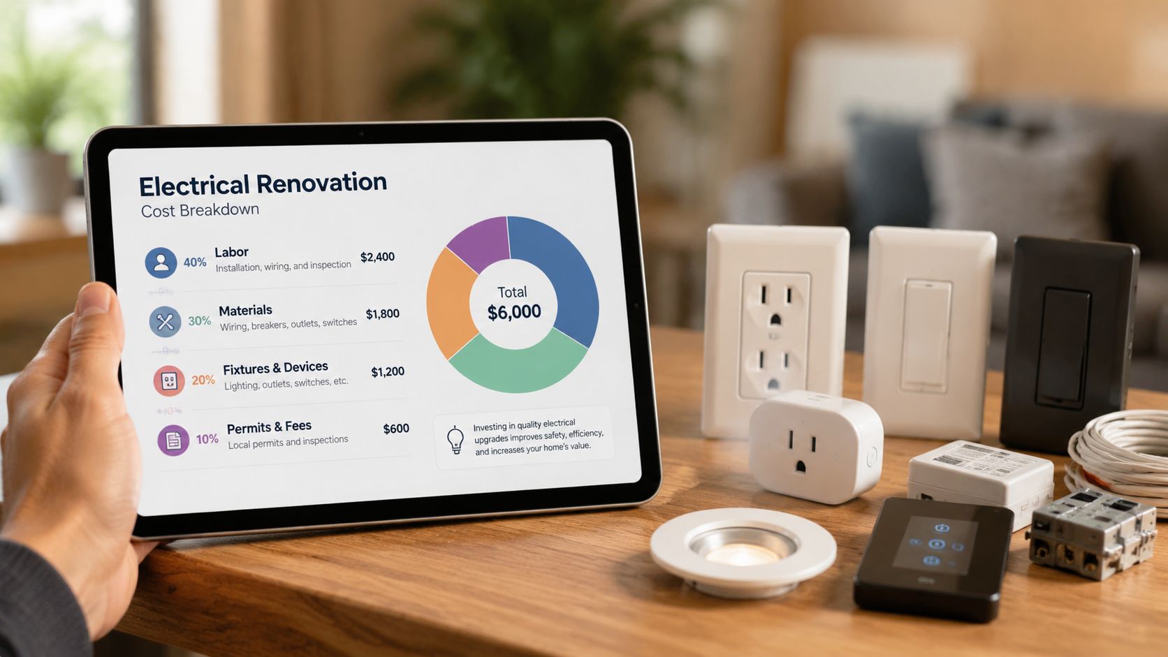 Elektrisk renovering med måler, stikkontakter og værktøj.