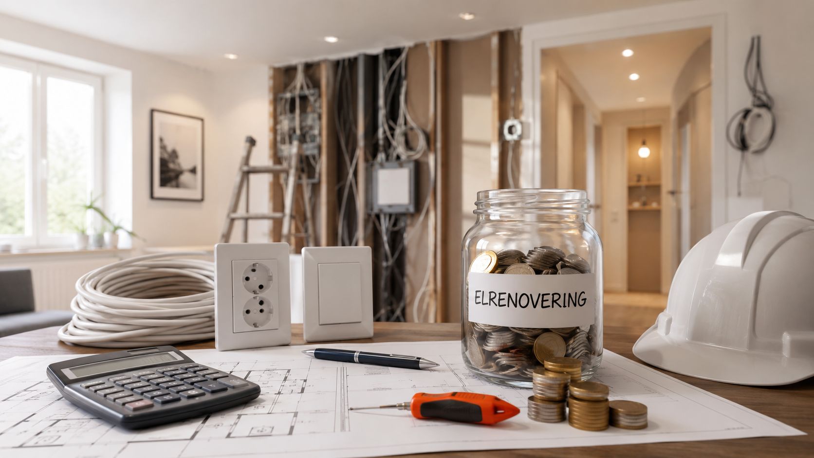 Elrenovering med værktøj og materialer til el-arbejde.