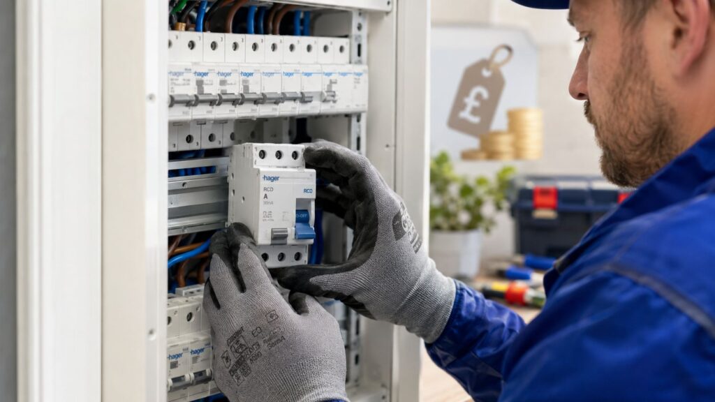 Elektriker installerer eller vedligeholder elkomponenter i elskab.