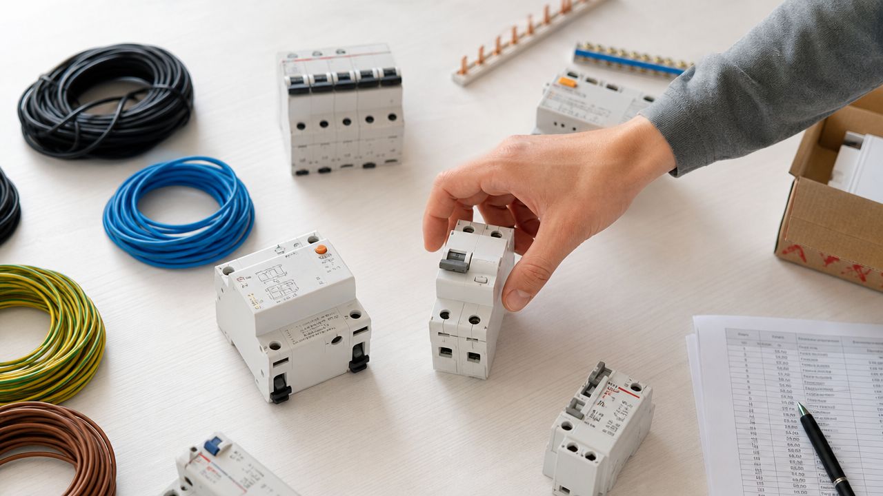 En elektriker holder et elektrisk relæ på et bord fyldt med kabler og elektriske komponenter.