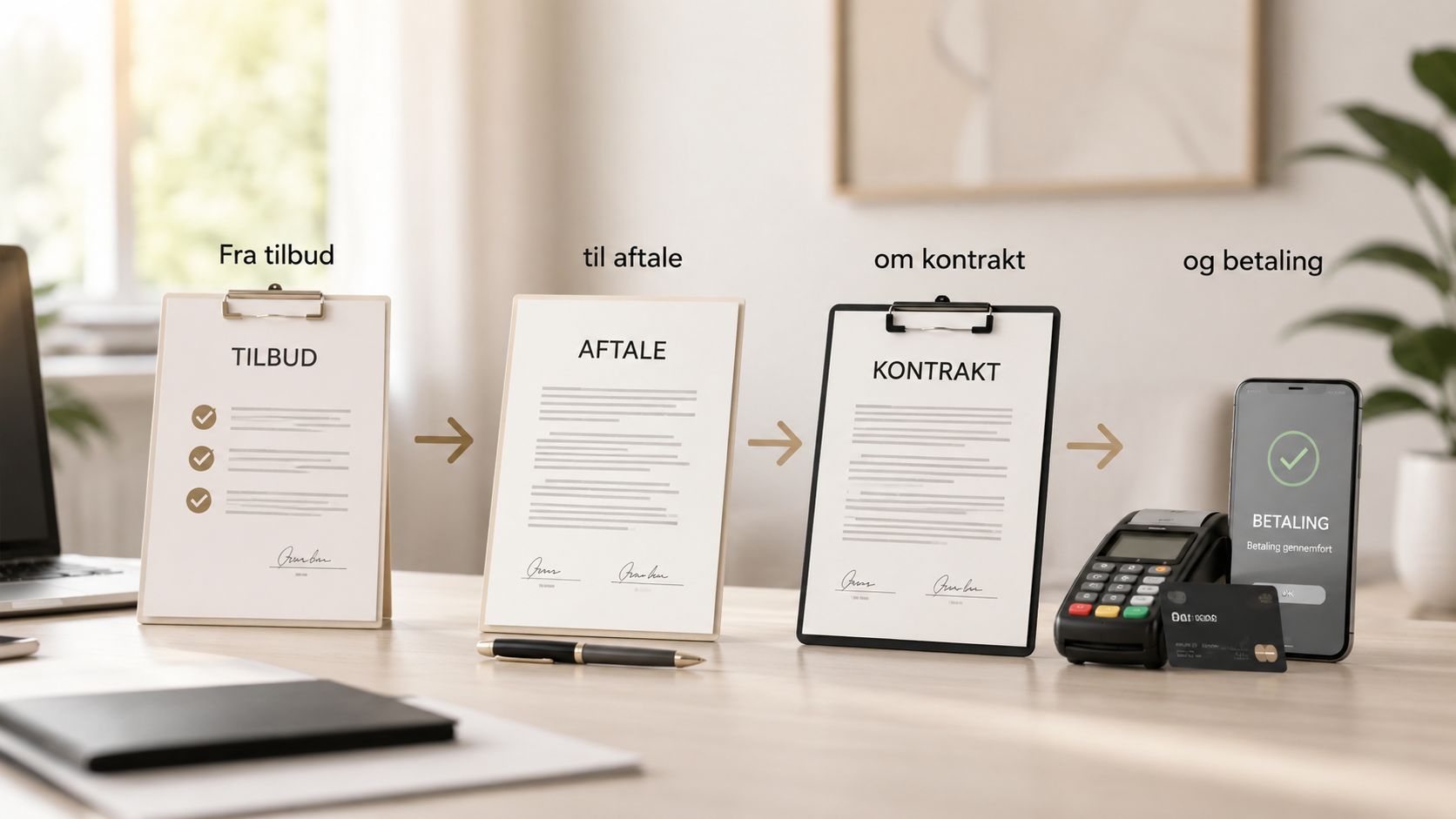 En visuel proces der viser rejsen fra tilbud over aftale og kontrakt til endelig gennemført betaling.