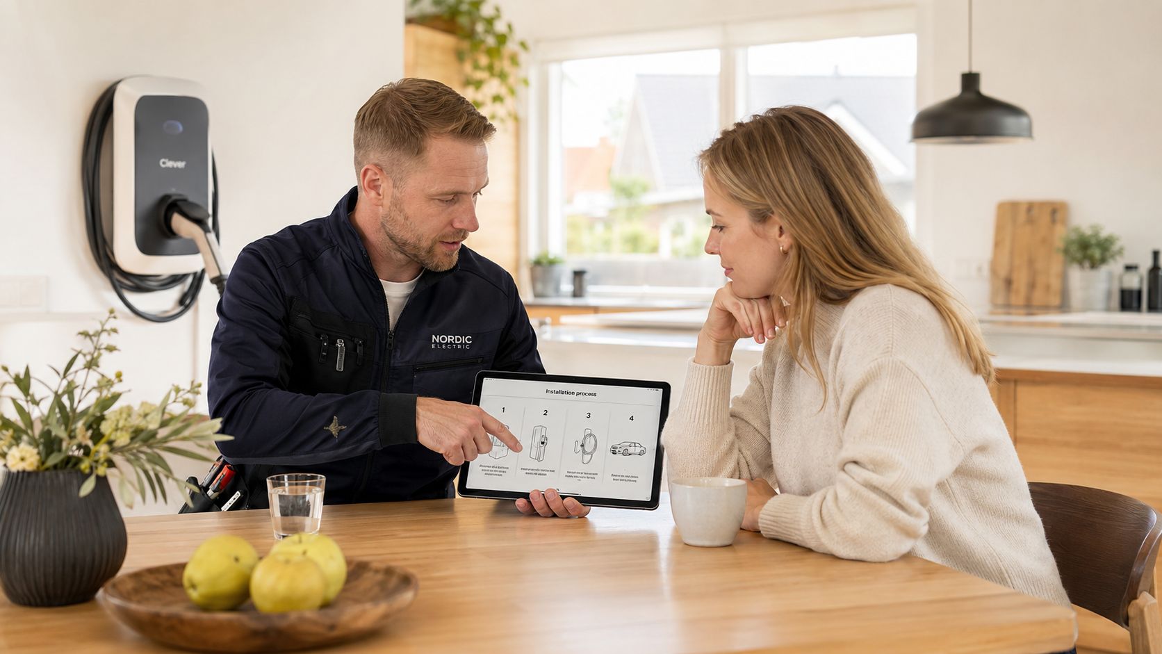 En elektriker fra Nordic Electric gennemgår installationsprocessen for en ny ladeboks med en kvindelig kunde ved spisebordet.