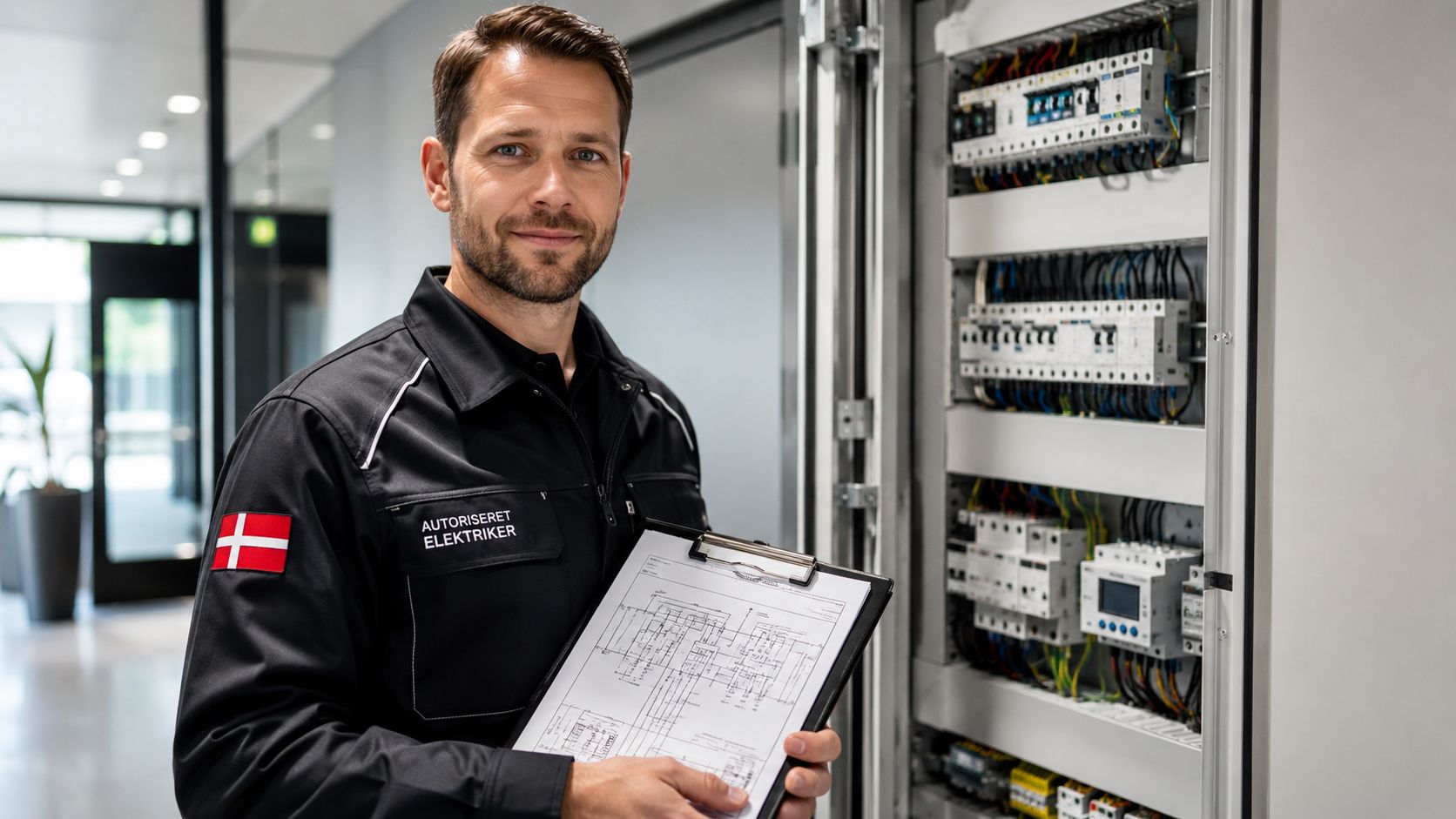 En professionel autoriseret elektriker står ved et åbent elskab med en plantegning i en moderne kontorbygning.