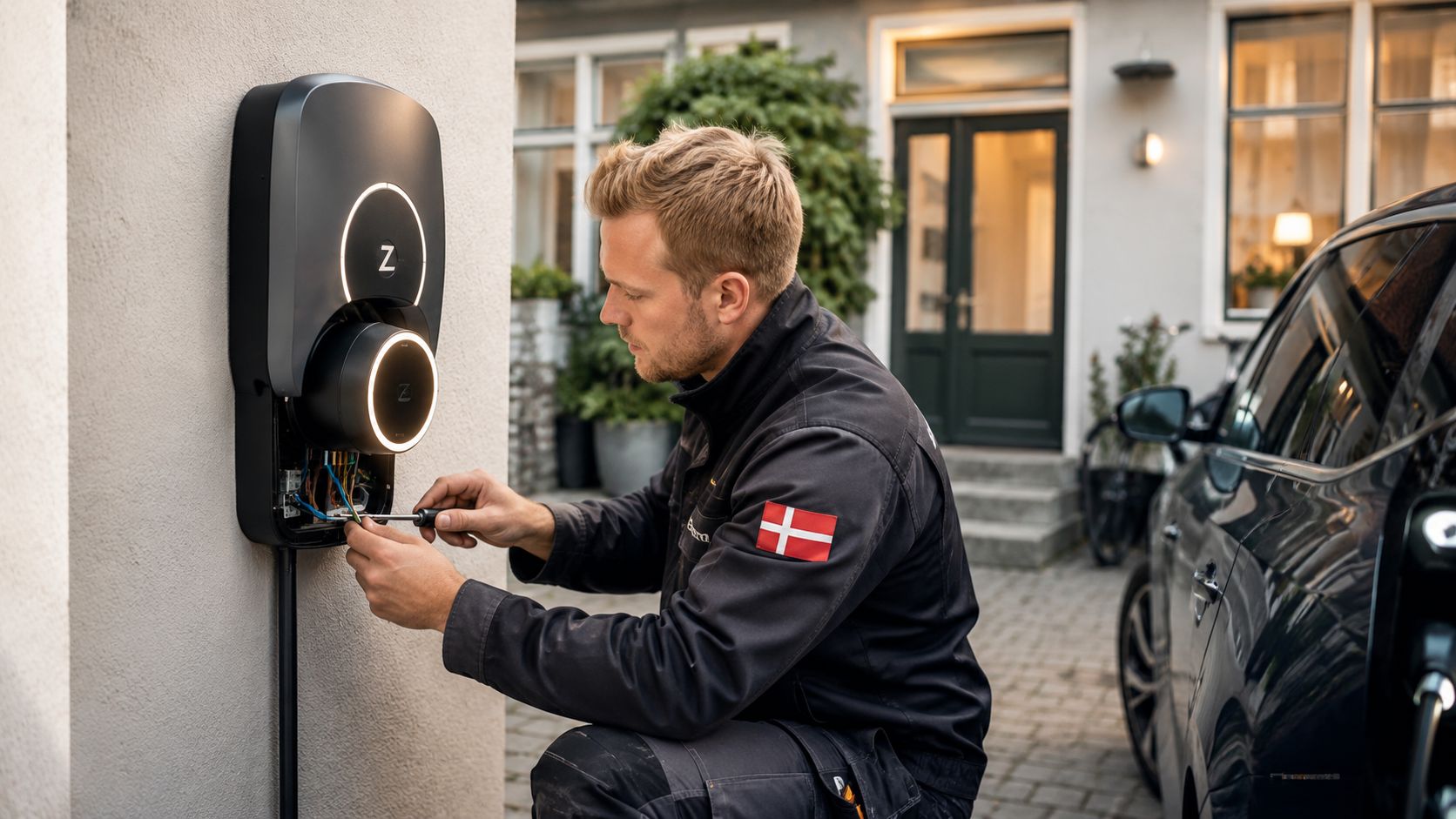 En autoriseret elektriker monterer en elbillader på en husvæg med professionelt værktøj i et boligområde.
