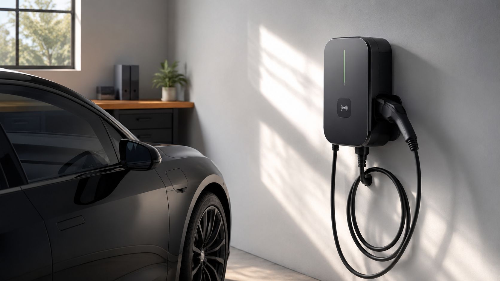 Sort vægmonteret ladeboks til elbil installeret i en moderne garage med en tilhørende elektrisk bil parkeret ved siden af.
