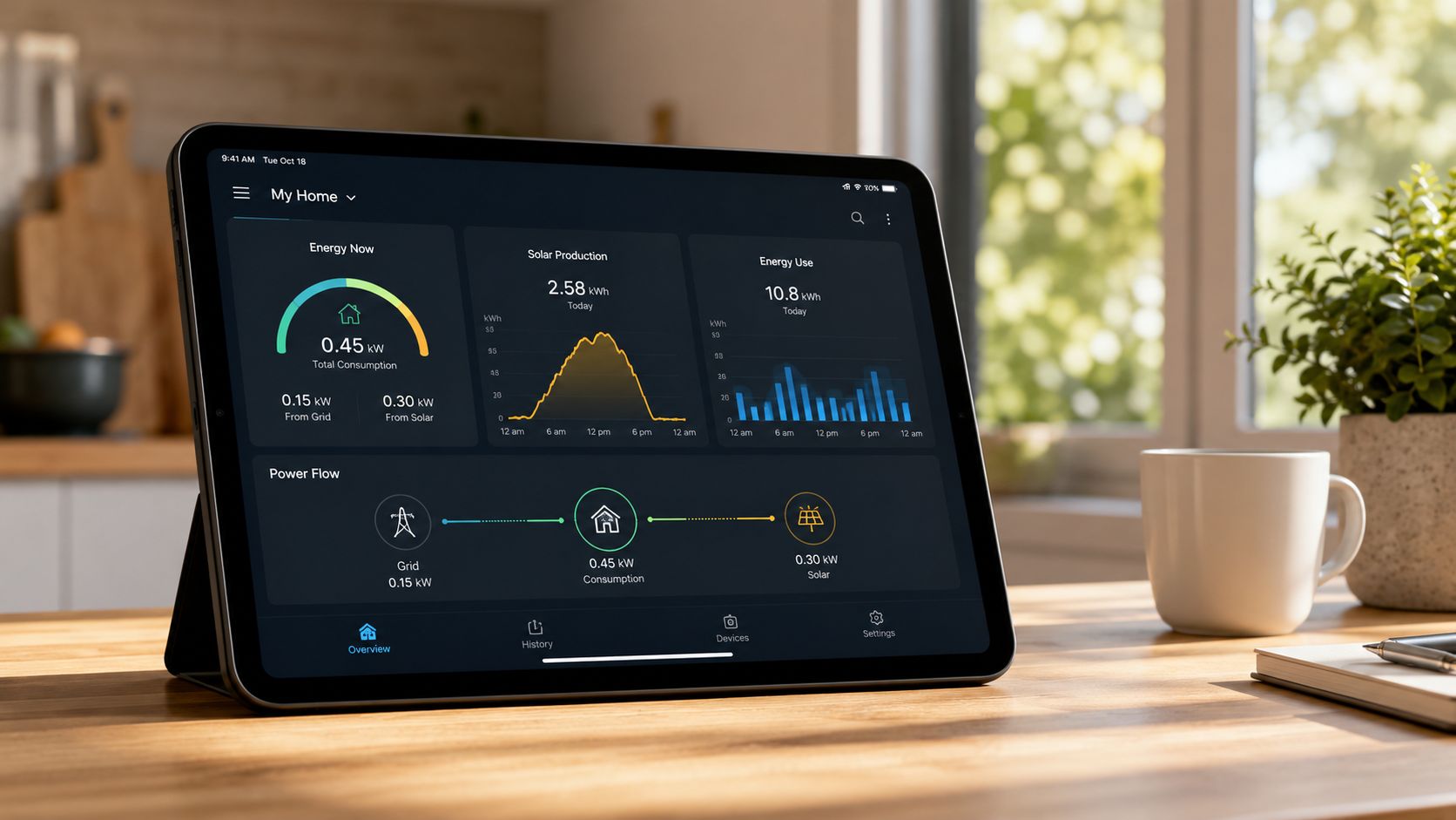 En tablet på et træbord viser en energistyringsapp med grafer over solceller og elforbrug i hjemmet.