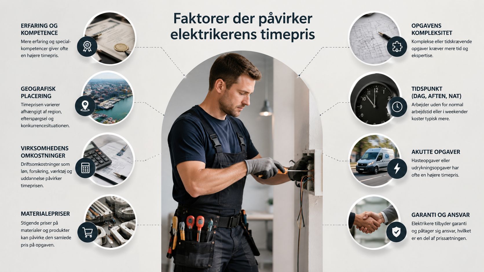 En infografik der viser de otte vigtigste faktorer, der påvirker en elektrikers timepris for opgaver.
