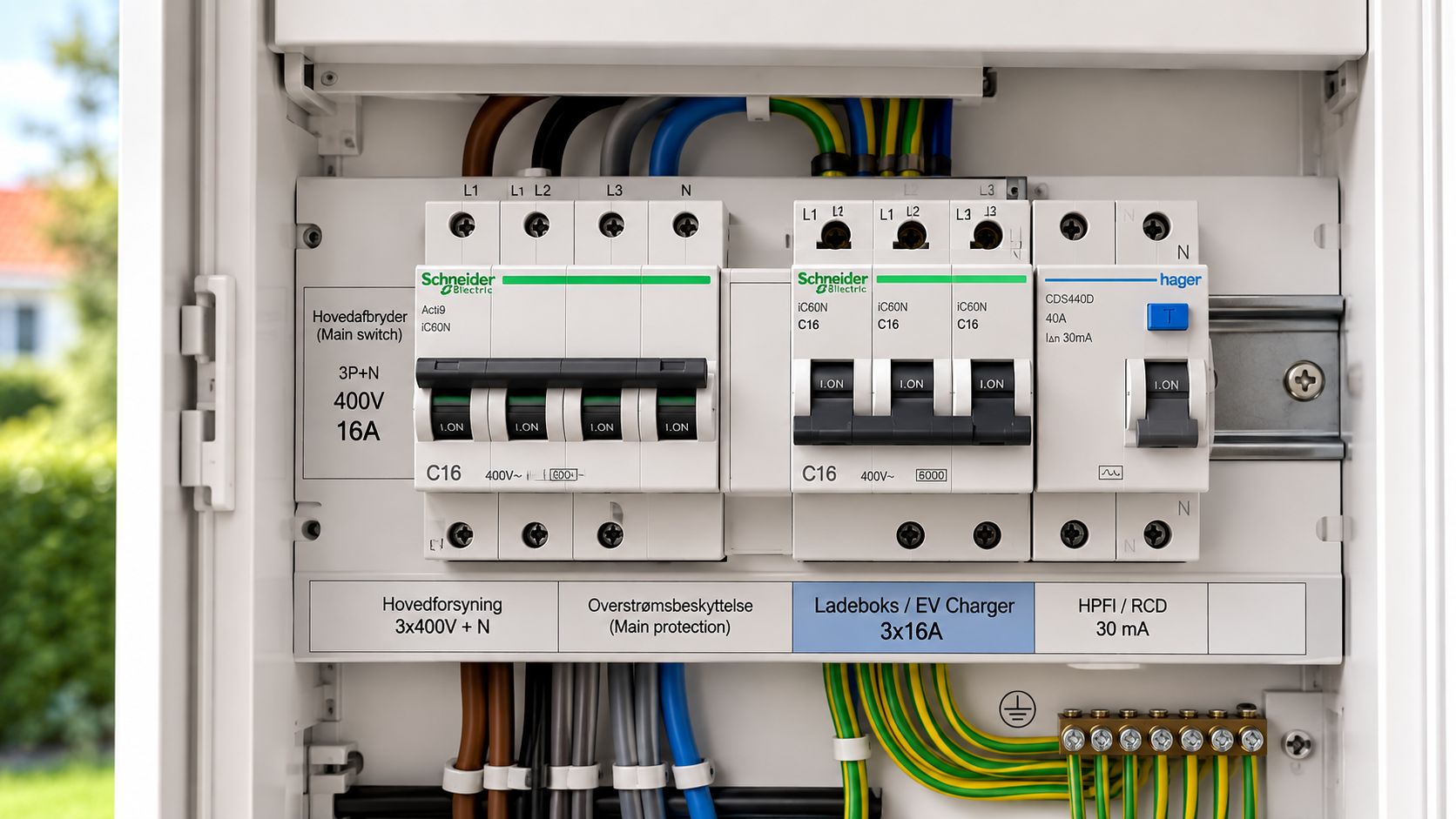 En elektrisk tavle med Schneider Electric afbrydere og en Hager HPFI-relæ monteret til opladning af elbil.