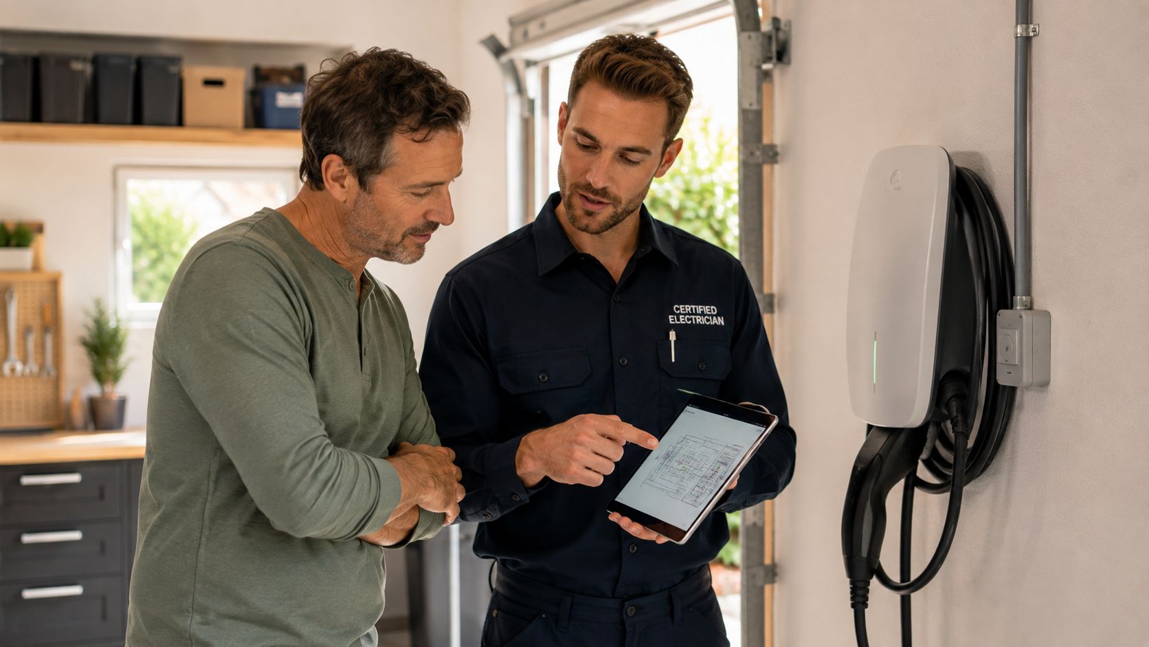 En autoriseret elektriker forklarer installationen af en ny elbil-ladeboks til en kunde ved hjælp af en tablet.