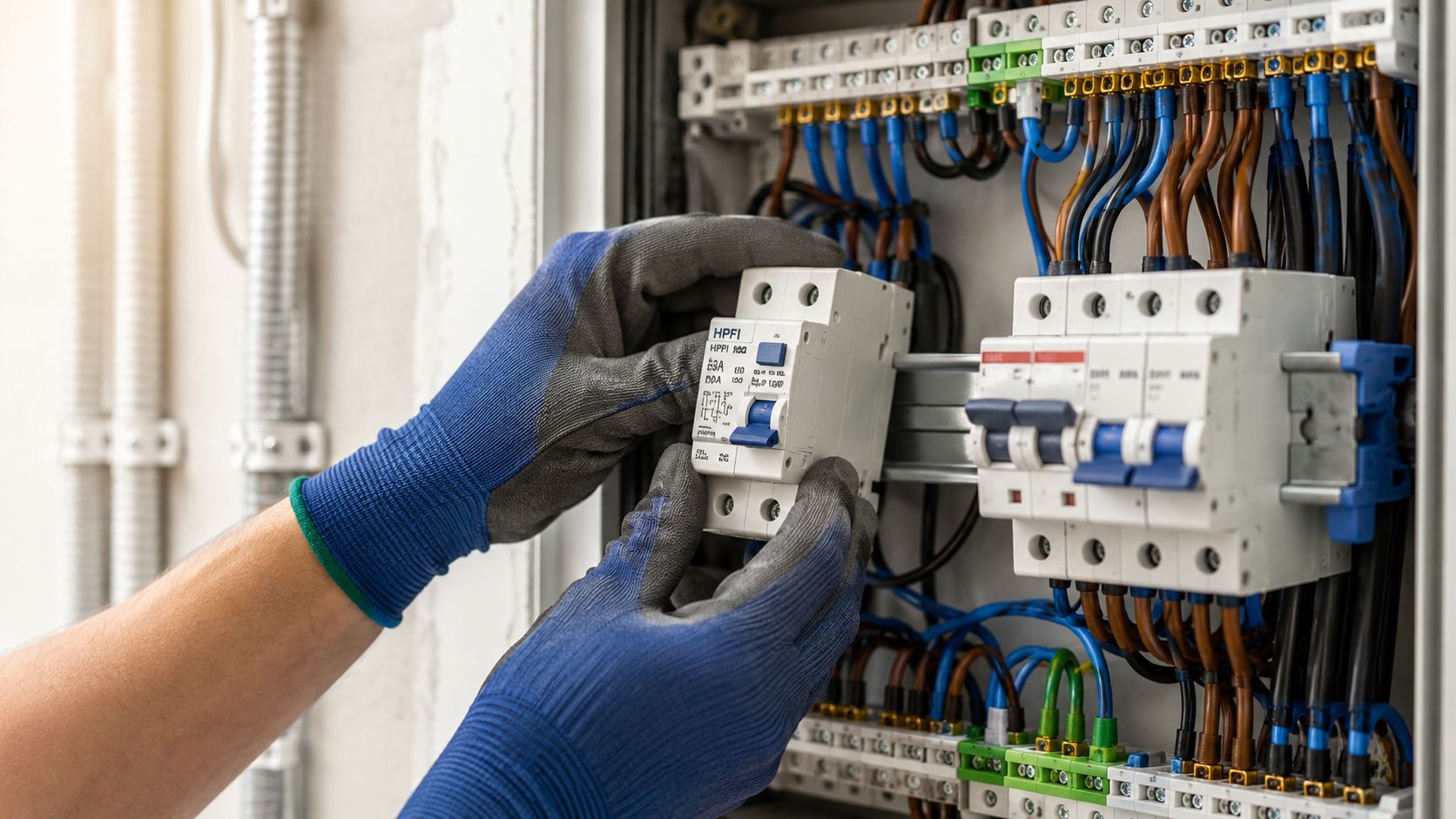 En elektriker installerer en HPFI-afbryder i et el-skab for at sikre korrekt elektrisk beskyttelse i hjemmet.