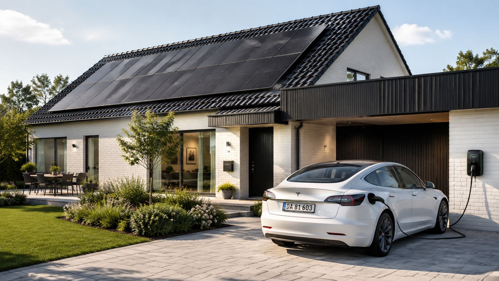 En hvid elbil parkeret foran et moderne hus med solceller på taget og hjemmeopladning tilsluttet.