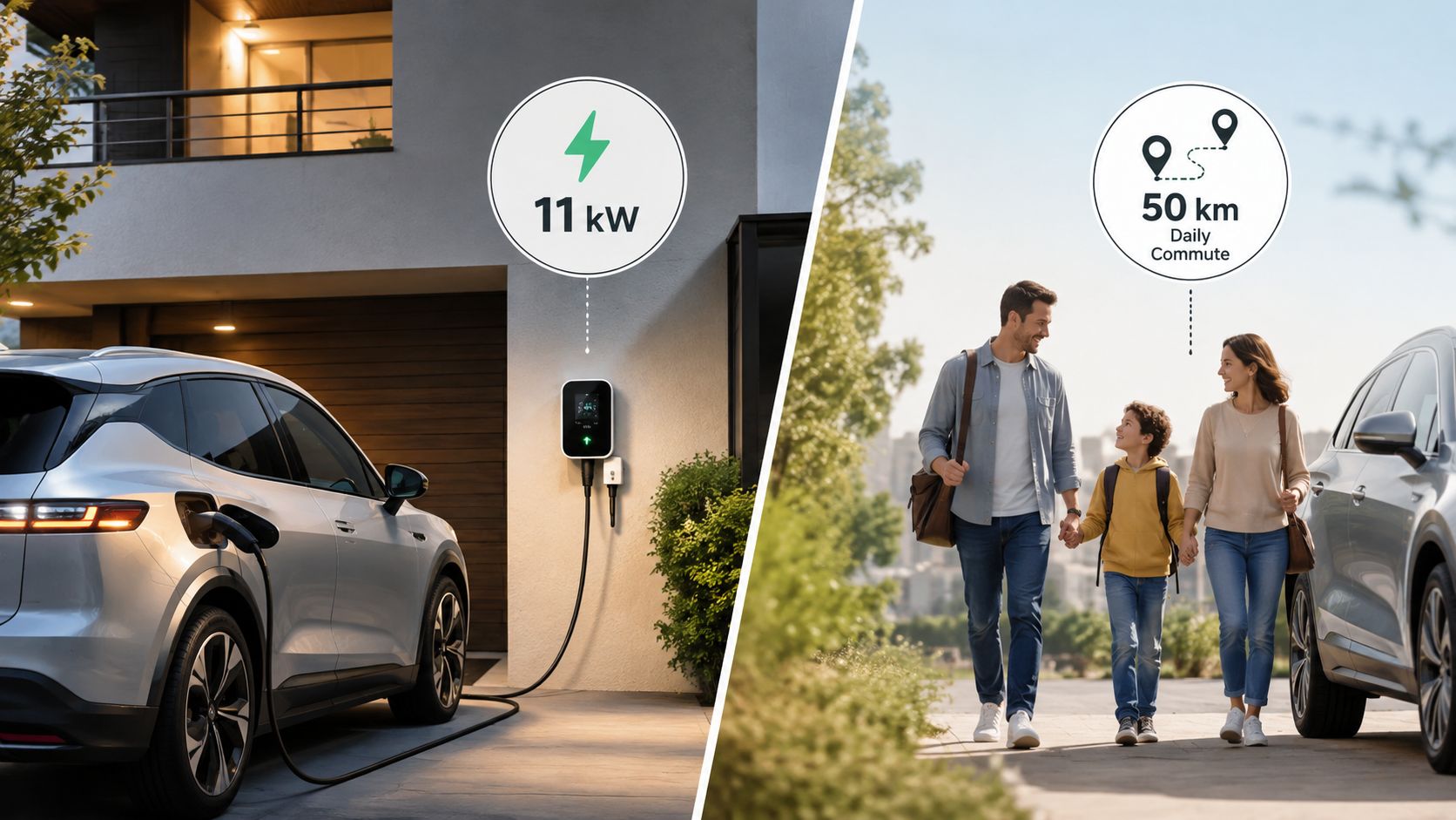 En elbil der oplades med en 11 kW ladeboks, ved siden af en familie på deres daglige pendlertur.