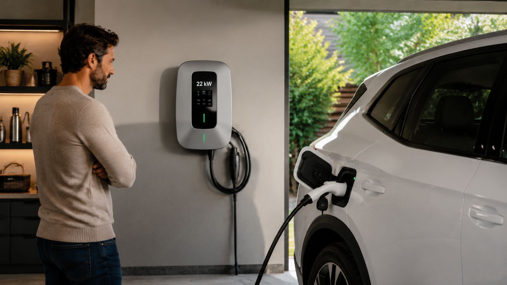 En mand står og kigger på sin hvide elbil, der lader op via en 22 kW ladeboks.