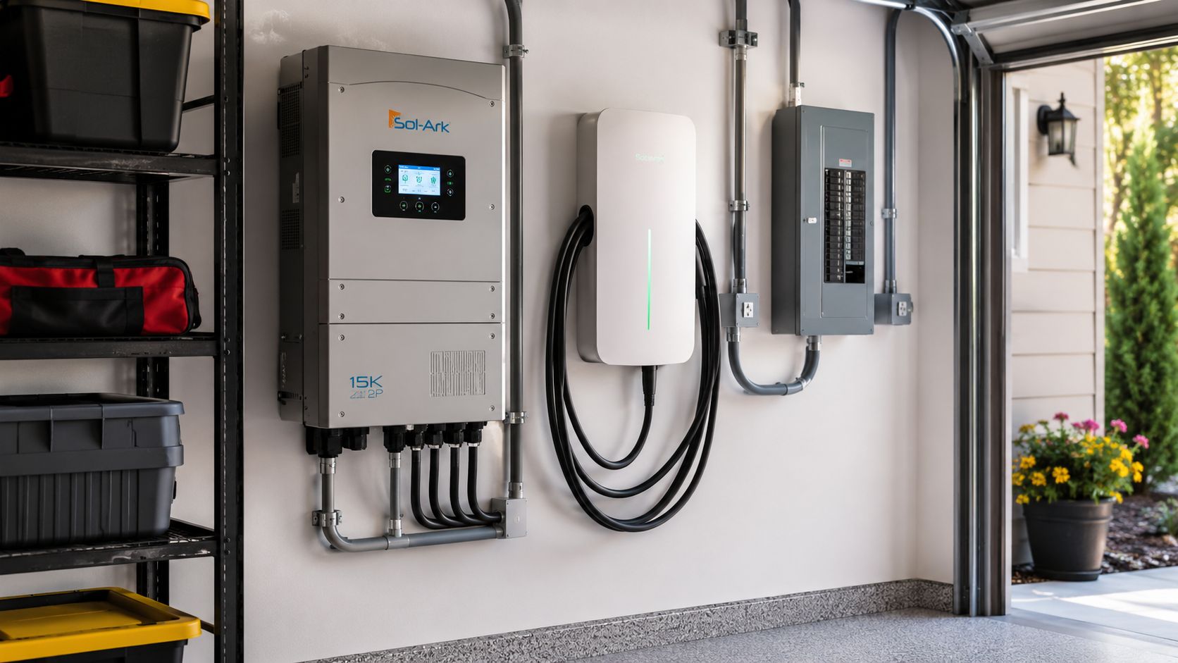 Vægmonteret solcelleinverter og ladestander til elbiler installeret i en moderne garage med elektrisk tavle.