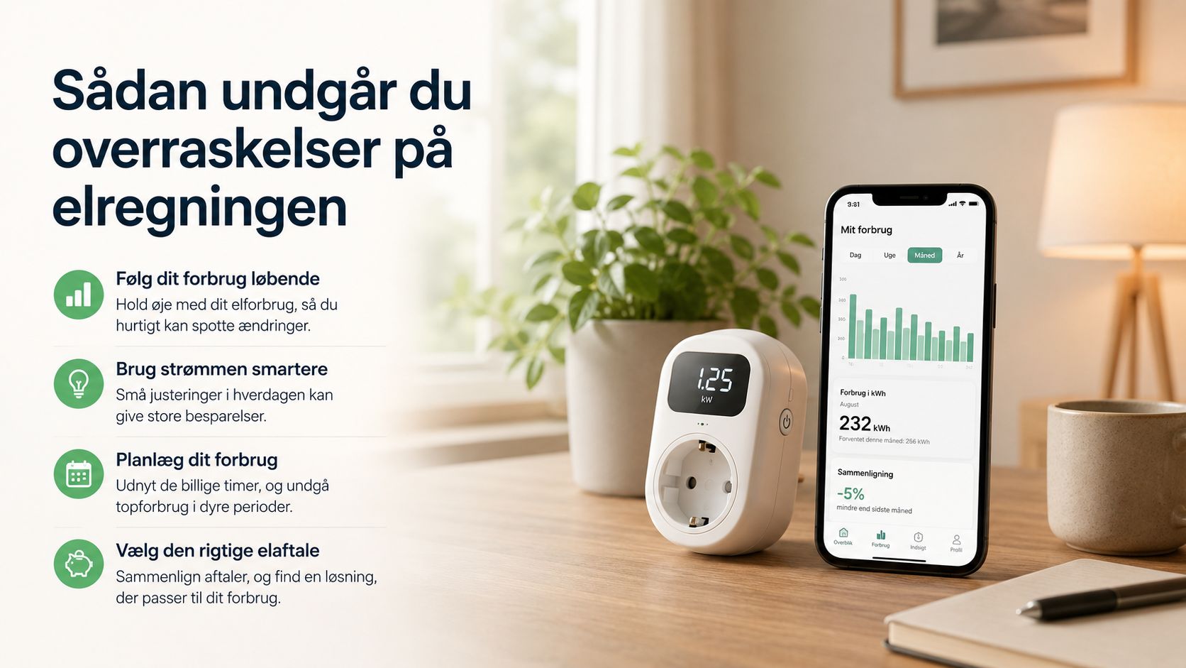 En smart stikkontakt og en mobilapp der hjælper dig med at overvåge og optimere dit elforbrug i hjemmet.